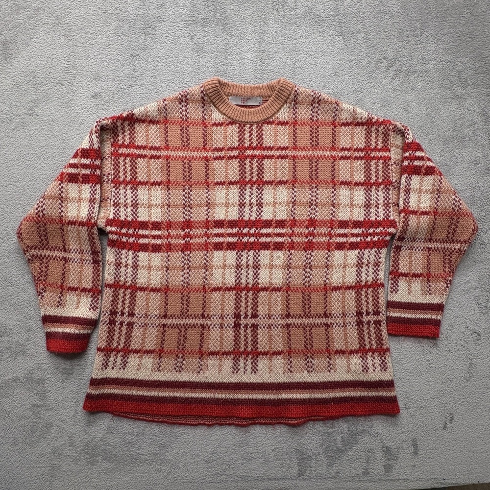 8 Seconds Sweater Mens Small Red Beige Plaid Crewneck Acrylic Pullover Korea